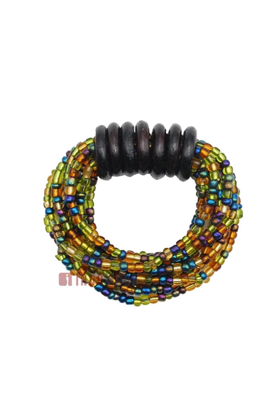 Beaded Bali Bracelet  Mix Translucent Green, Translucent Gold, Translucent Purple Handcrafted 10-Strand Elastic Stretchy WomenS Jewelry With Wood Rings Size 6.5-7.5 Inch With Gift Box