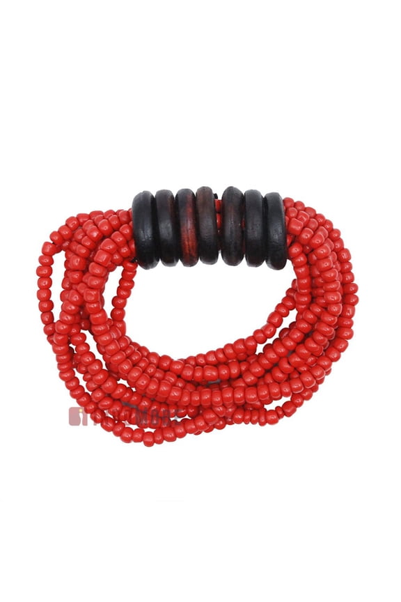 Beaded Bali Bracelet  Red Handcrafted 10-Strand Elastic Stretchy WomenS Jewelry With Wood Rings Size 6.5-7.5 Inch With Gift Box