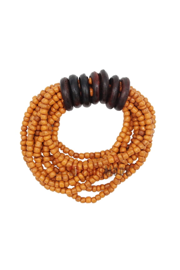 Beaded Bali Bracelet  Rustic Orange Handcrafted 10-Strand Elastic Stretchy WomenS Jewelry With Wood Rings Size 6.5-7.5 Inch With Gift Box