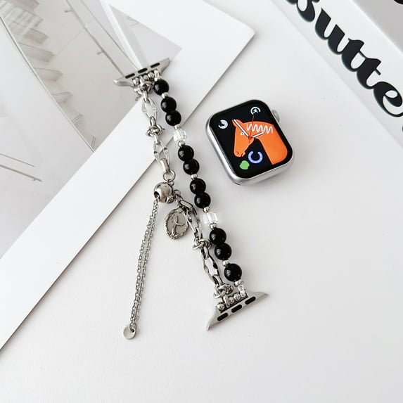 Beaded Band Compatible for Apple Watch 41mm 40mm 38mm, Fashion Beaded Chain-Style Women Girls Bracelet Replacement Strap with Secure Lock for iWatch Series 9 8 7 6 SE 5 4 3 2 1, Black
