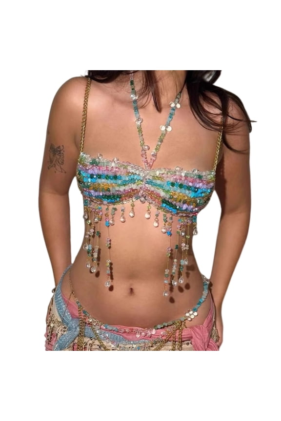 Beaded Body Chain Bra Bikinis Chain Chest Chain Fashion Body Chain Jewelry Accessories Adjustable for Raves Party Beach