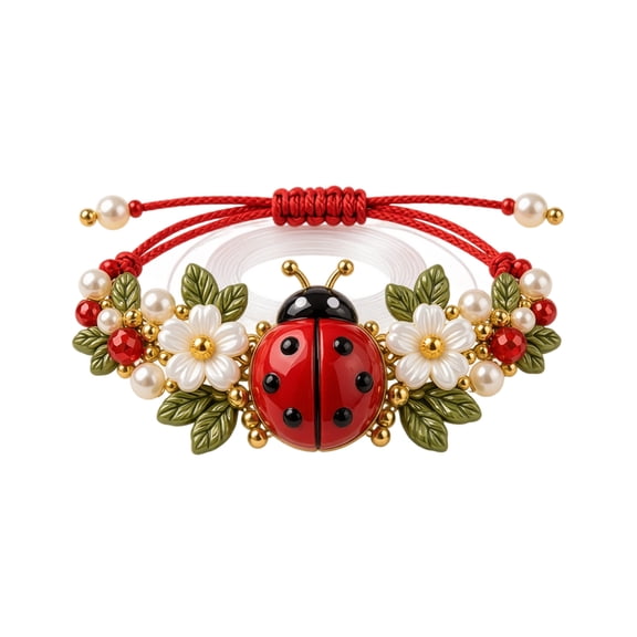 Beaded Bracelet, Ladybug Floral Pearl Accent Adjustable Braided Rope, 1 Piece Ladies Fashion Hand Jewelry, For Daily Wear Vacation Party Dating Holiday Gift Giving