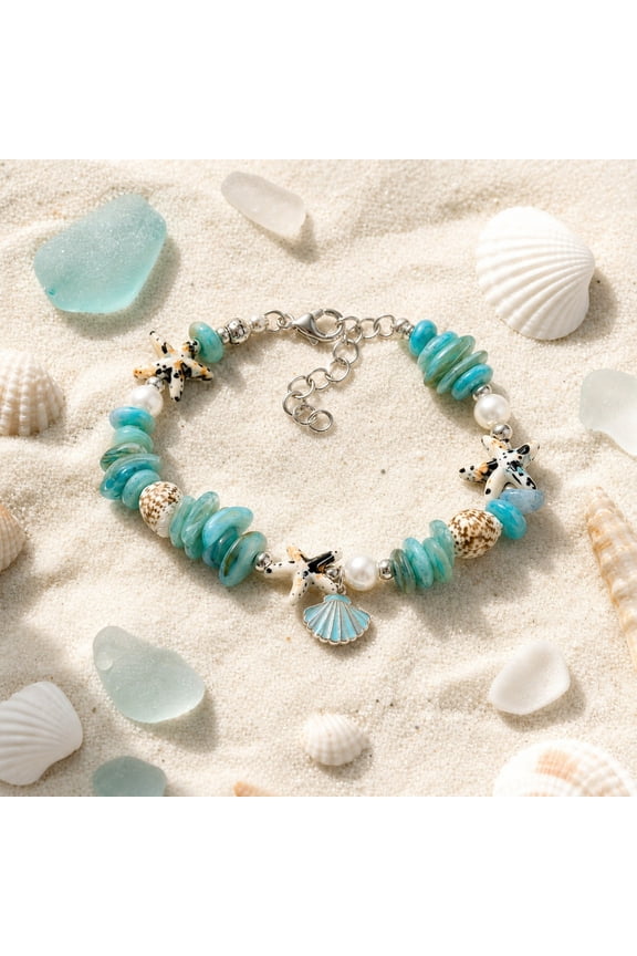 Beaded Bracelet with Seashell Turquoise Natural Stones, Adjustable Summer Beach Bracelet with Pearls, Nautical Jewelry Gift for Women Beach Vacation Daily Wear, Blue