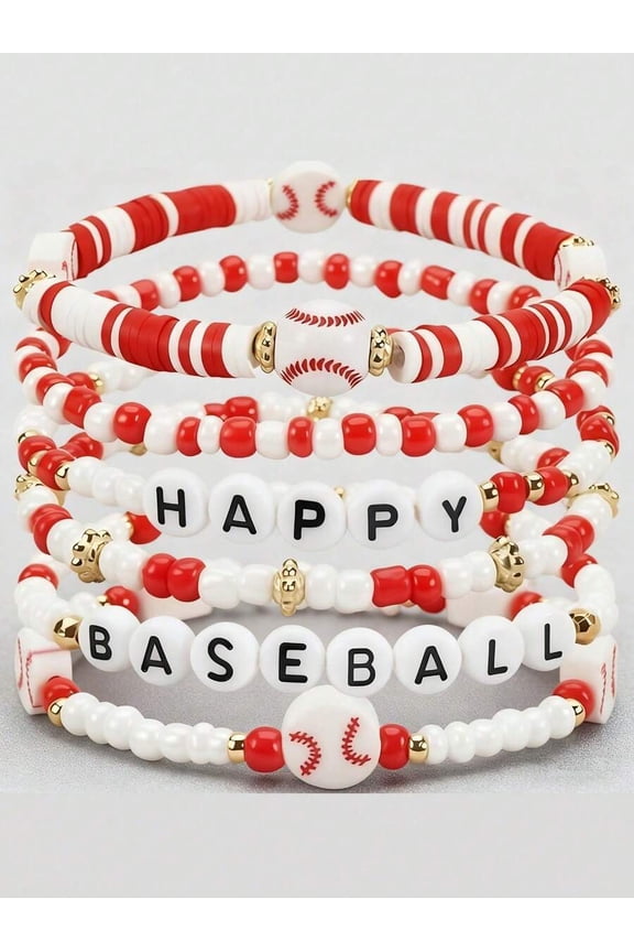 Beaded Bracelet Set - Baseball Theme, Red & White Multicolor, 10-Pack