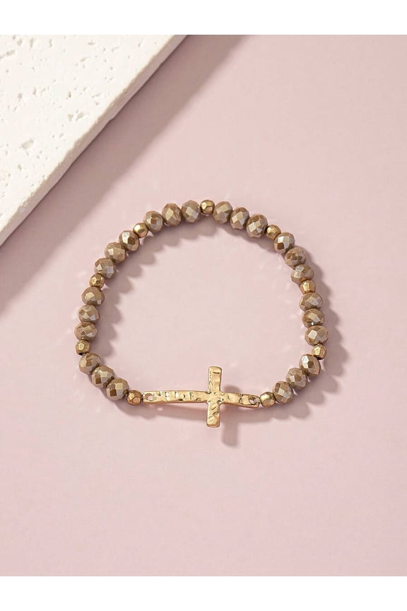 Beaded Bracelet with Cross Charm, Coffee Tone, Stretch Design, 1 Pack