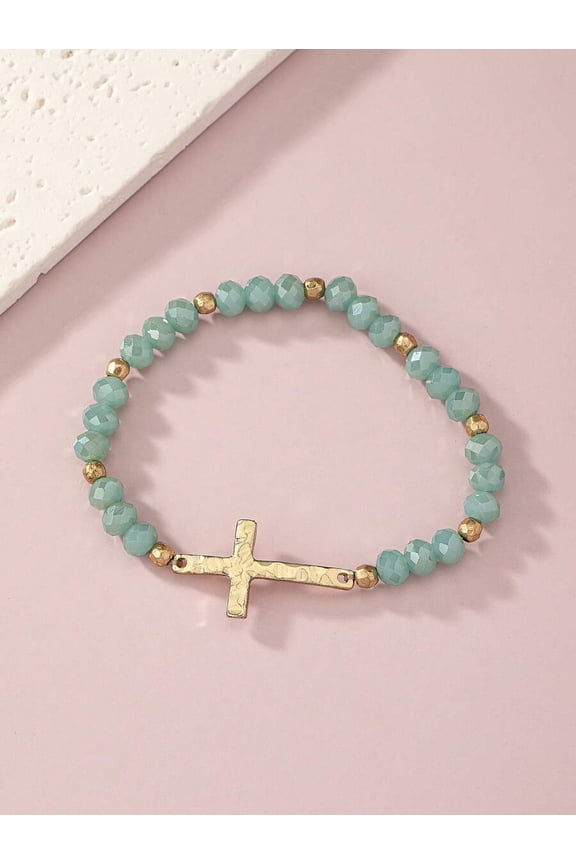 Beaded Bracelet with Cross Charm, Mint Green, Stretch Design, 1 Pack