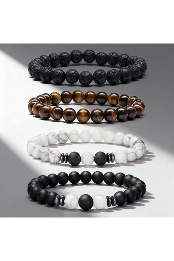 Beaded Bracelets Set for Men Teen Boys - Beaded Natural Stone 8mm Tiger Eye Matte Agate Lava Rock Bracelets for Men Teen Boys Dad Grandpa Birthday Gifts Jewelry4pcs