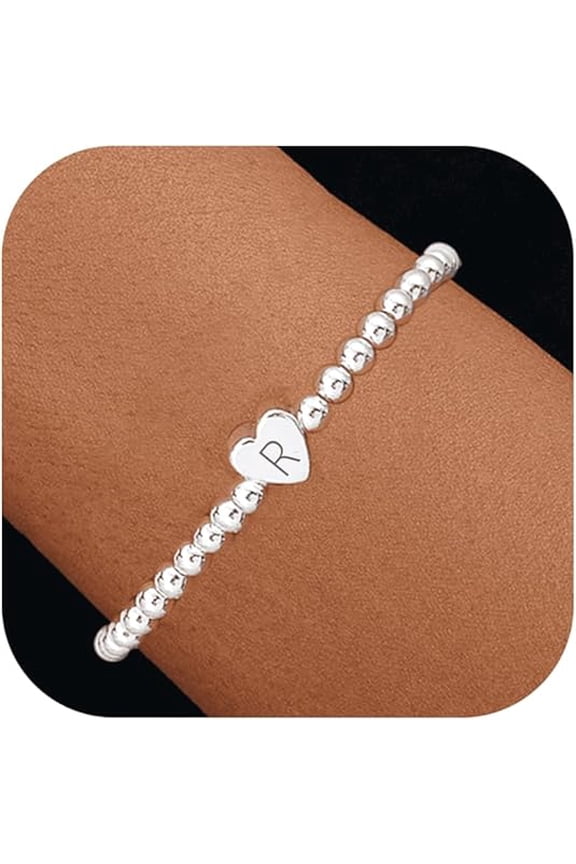 Beaded Bracelets for Women Dainty Heart Initial Bracelet Letter A-Z Charm Bracelet for Women Stretch Bead Ball Bracelet Trendy Jewelry Gifts