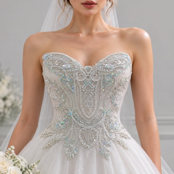 Beaded Bridal Applique for Wedding Dress, Floral Embroidery Sequin Patch with Pearl Details for Gown Decoration, Sewing Craft