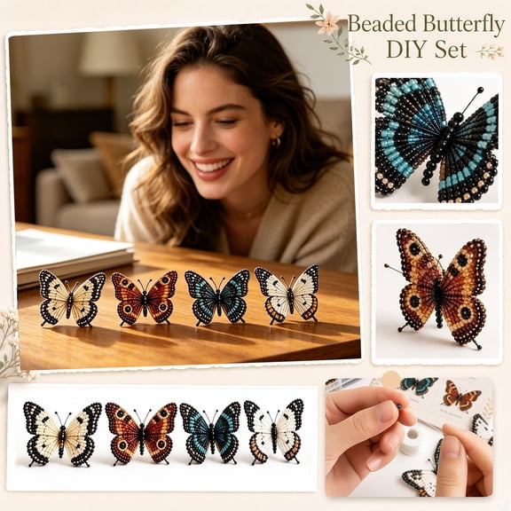 Beaded Butterfly DIY Craft Kit - 4-Piece 3D Insect Art Set with Tools & Instructions - Handmade Gothic Nature Decor for Home, Desk & Office - Relaxing Hobby Project Gift