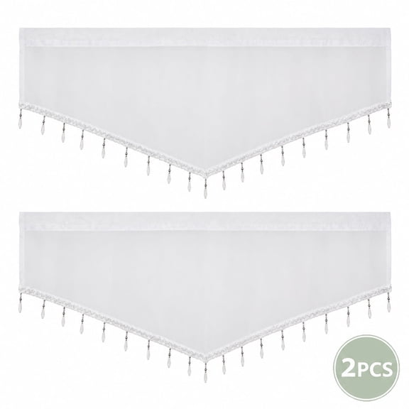 Beaded Cascade Valance, Sheer Voile Window Valances for Kitchen Bathroom, White Triangle Scalloped Curtains, 2-Pack