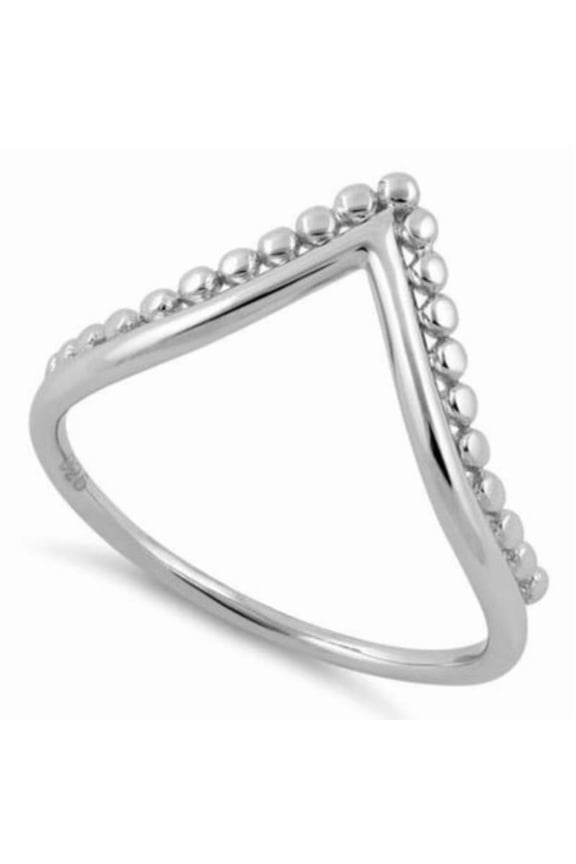 Beaded Chevron Band 925 Sterling Silver V Shaped Stackable Curved Band Ring_10.5