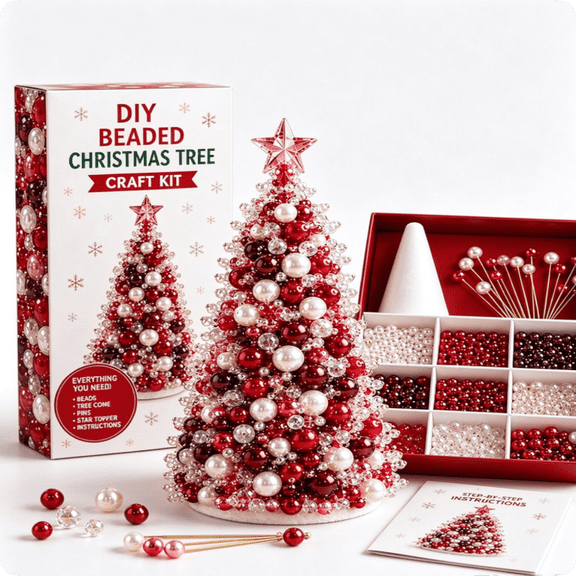 Beaded Christmas Tree DIY Craft Kit Handmade Bead Set with Foam Cone Base Star Topper Pearls and Pins for Holiday Tabletop Decor (Red)