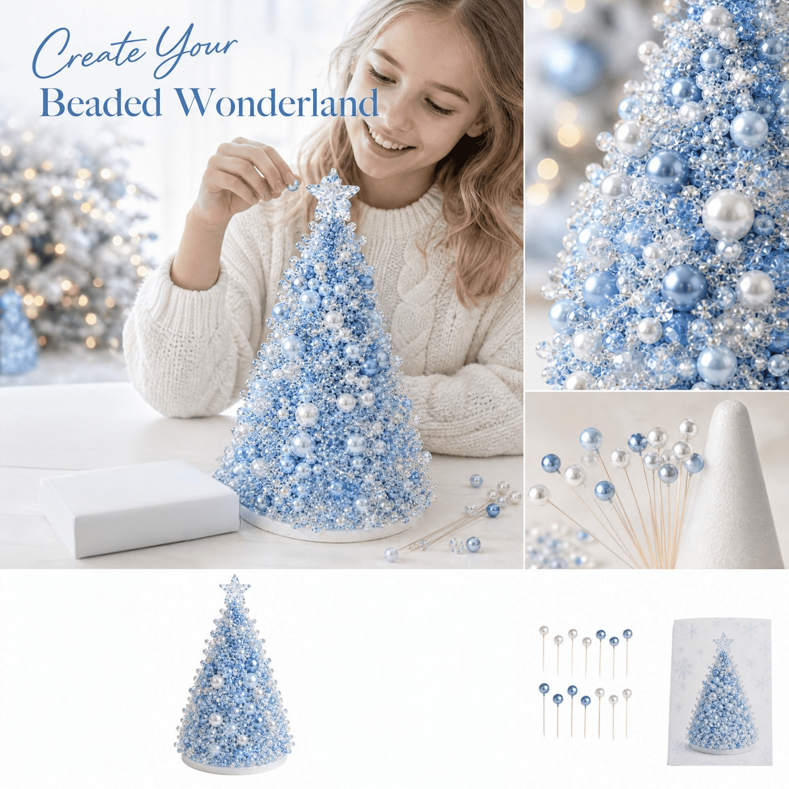 Christmas Tree Raft Beaded Christmas Tree DIY Kit, Blue Pearl Bead Craft Set Makes 10In ...