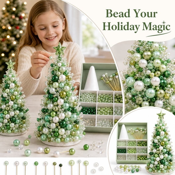Beaded Christmas Tree DIY Kit, Make Holiday Tabletop Decor with Beads and Wire, Christmas Craft Set for Adults Kids, Festive Centerpiece for Home Decoration