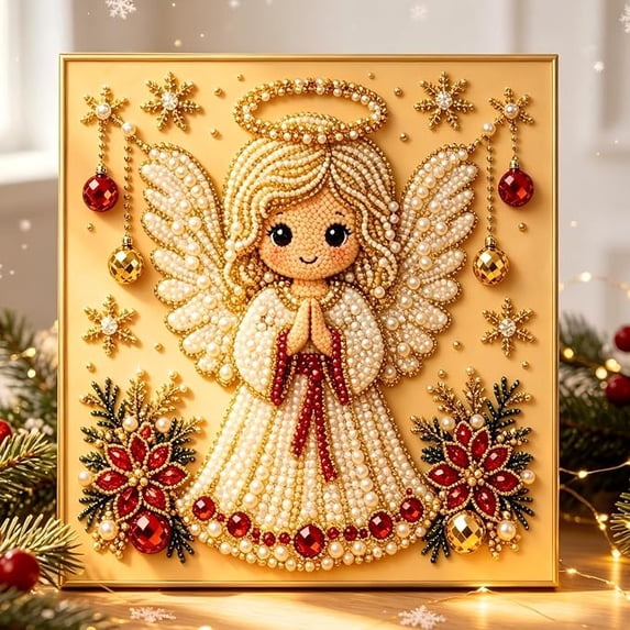 Beaded Christmas Tree Kit Pearl Diamond Art For Adults DIY Framed Canvas Craft Kit 7.86 X 7.86 In ABS Material Christmas Pearl Art Kits For Adults Indoor Festive Wall Table Decoration Gift,B-Angel