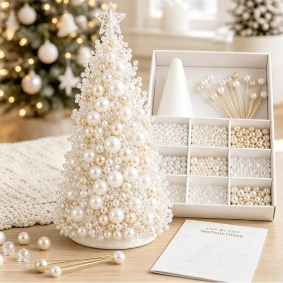 Beaded Christmas Tree Making Kit, DIY Handmade Holiday Decor Craft Set with Warm Glow Display