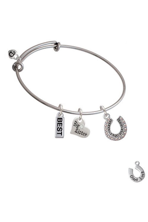 Beaded Clear AB Crystal Horseshoe with Good Luck Big Sister Heart Expandable Bangle Bracelet