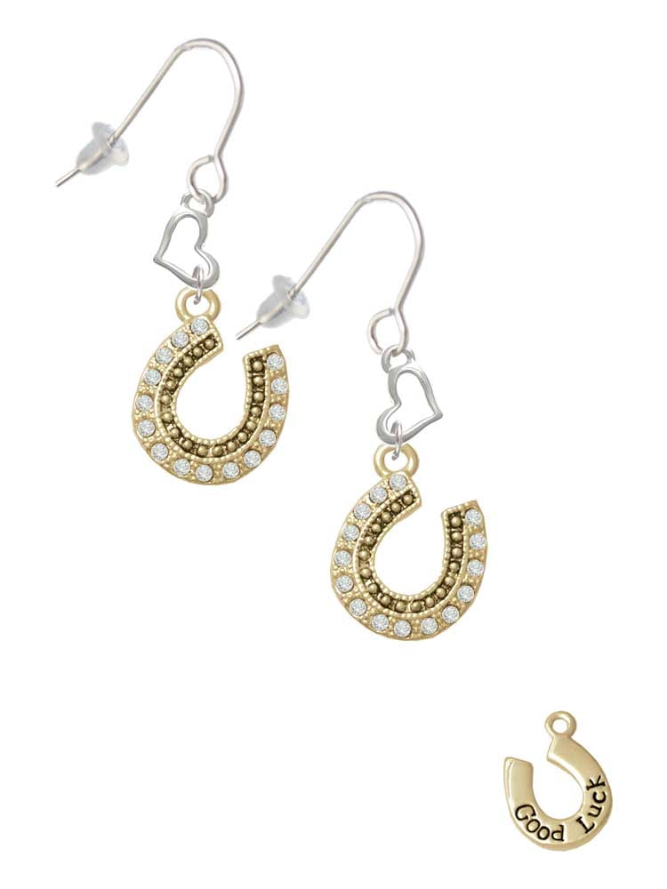 Beaded Clear Goldtone Crystal Horseshoe with Good Luck Heart French Earrings