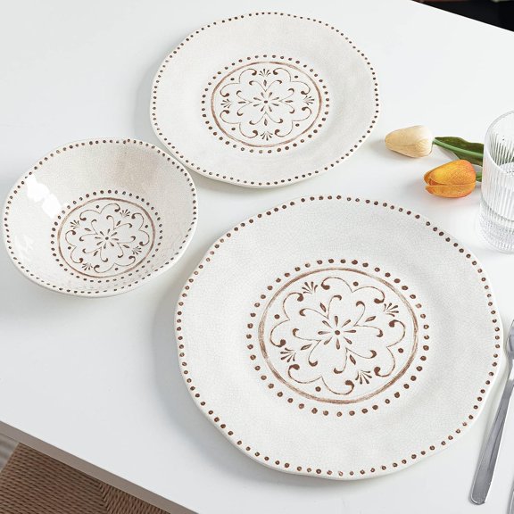 Beaded Crackle 12 count Melamine Camping Dinnerware Set, Plates and Bowls Sets, Indoor and Outdoor Use, Break-Resistant Rustic RV Dishes Set, Service for 4()...
