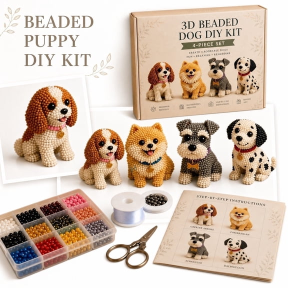 Beaded Crafts Kit, Pet Craft for Making 3D Figurines, Arts and Crafts Kit for Creating Pomeranian, Schnauzer, Dalmatian and Spaniel Models, Dog Lover Gift for Indoor Activity,
