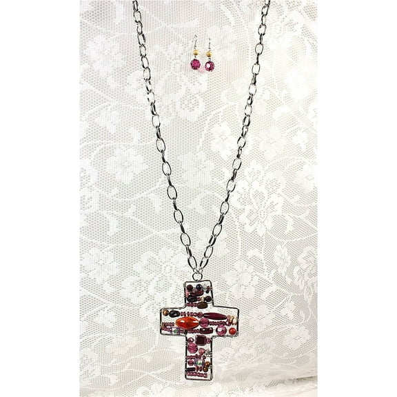 Beaded Cross Necklace & Earring Set - Amethyst - NE-OS00020SVAMY