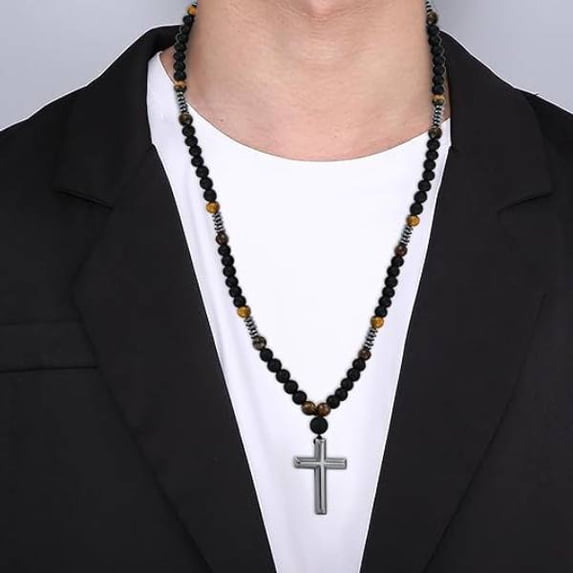 Beaded Cross Necklace for Men - Black Onyx & Tiger's Eye Beaded Chain with Stainless Steel Cross Pendant, Christian Jewelry for Men