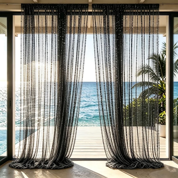 Beaded Curtain, Divide Space with Sparkling Style, String Drape, Soft Light Filtering and Easy Beam Mounting for Patio Doorway, Window Frame, and Room Divider.