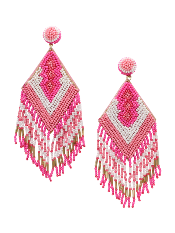 Beaded Dangle Earrings, Southwest Tribal Style, 5 Inch Length, Fuschia, Pink