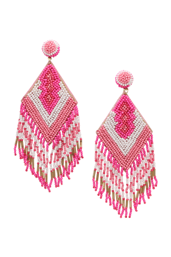 Beaded Dangle Earrings, Southwest Tribal Style, 5 Inch Length, Fuschia, Pink