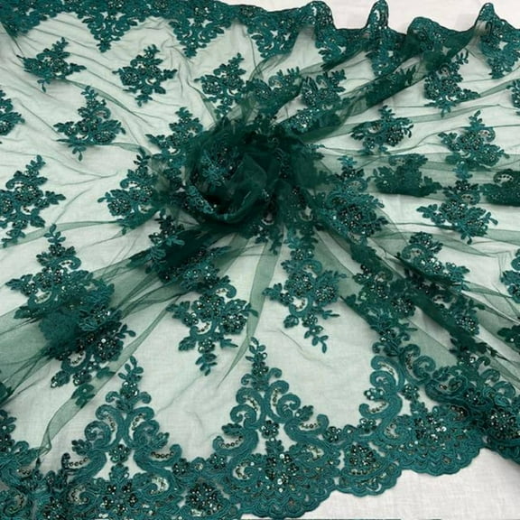 Beaded Embroidered Lace Fabric VT-31 – 55 Inches Wide – by the Yard – Wedding, Bridal Gown, Veil & Formal Dress Fabric – Valentina Textiles Inc. ( 1 Yard, Hunter Green )