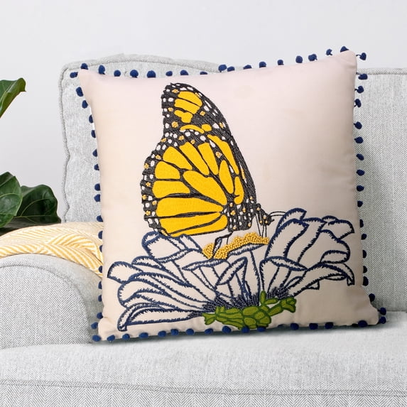 Beaded Embroidered Monarch Pillow 16x16"
