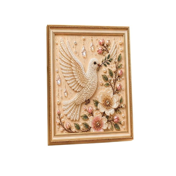 Beaded Embroidery Art Kit, Faux Crystal Pearl Rhinestone Handmade Painting for Home Wall Decor, Dove of Peace Flower Pattern