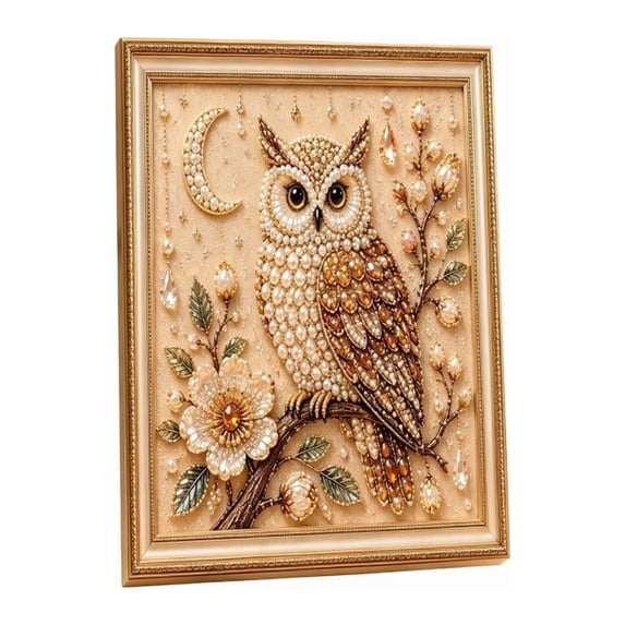 Beaded Embroidery Art Kit, Faux Crystal Pearl Rhinestone Handmade Painting for Home Wall Decor, Owl Flower Pattern