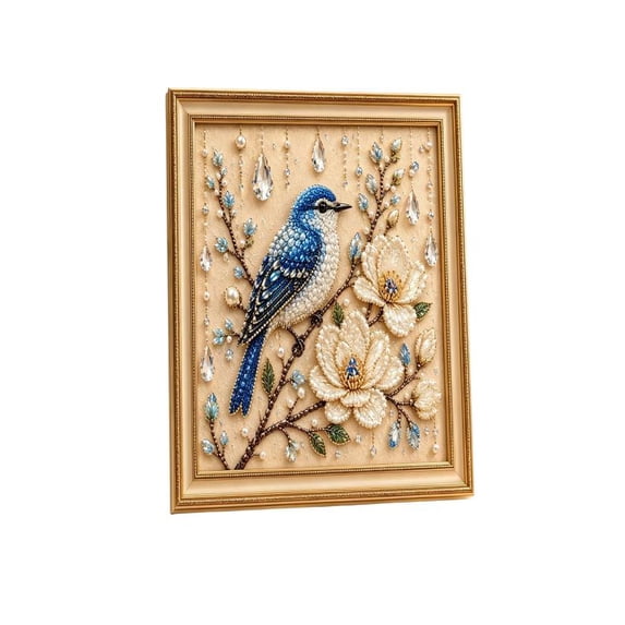 Beaded Embroidery Art Kit, Faux Crystal Pearl Rhinestone Handmade Painting for Home Wall Decor, Robin Flower Pattern