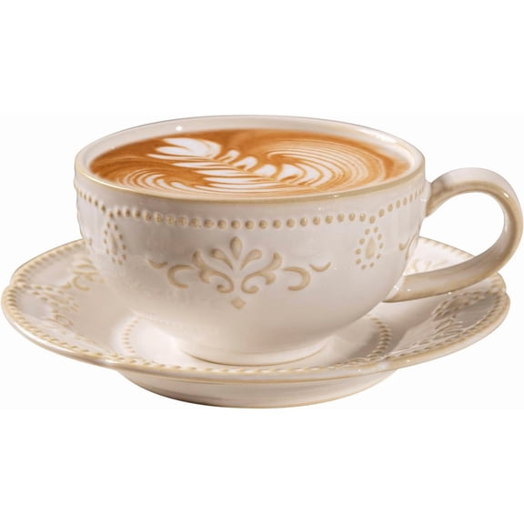 Beaded Floral Embossed 12 OZ Porcelain Latte Cup and , Cappuccino Mug for Espresso Turkish Coffee , Microwave Dishwasher Safe Christmas for Cafe