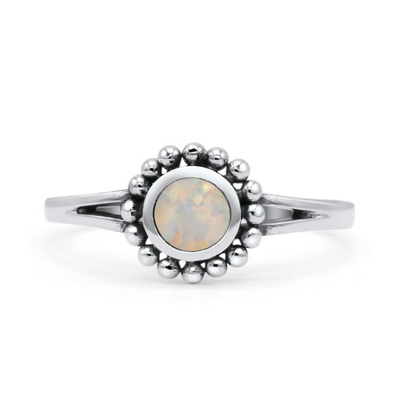 Beaded Flower Vintage Style Ring Lab Created White Opal 925 Sterling Silver Size 10