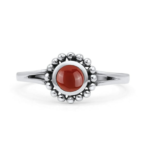 Beaded Flower Vintage Style Round Oxidized Ring Red Agate 925 Sterling Silver Size 8