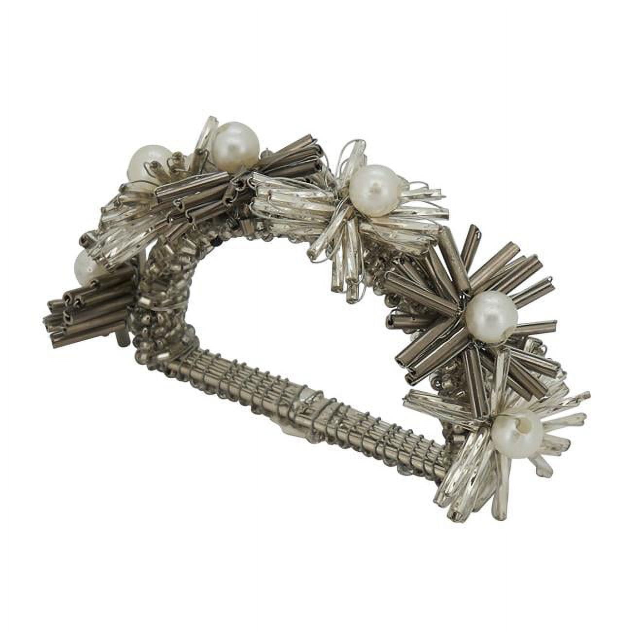 Silver Beaded Flower Design Napkin Rings Set of 4
