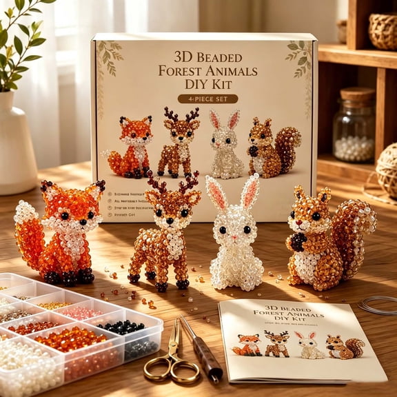 Beaded Forest Animals Craft Kit 4-Piece DIY Bead Art Set for Beginners Safe Non-Toxic Tools Perfect Decoration Gift for Kids & Adults