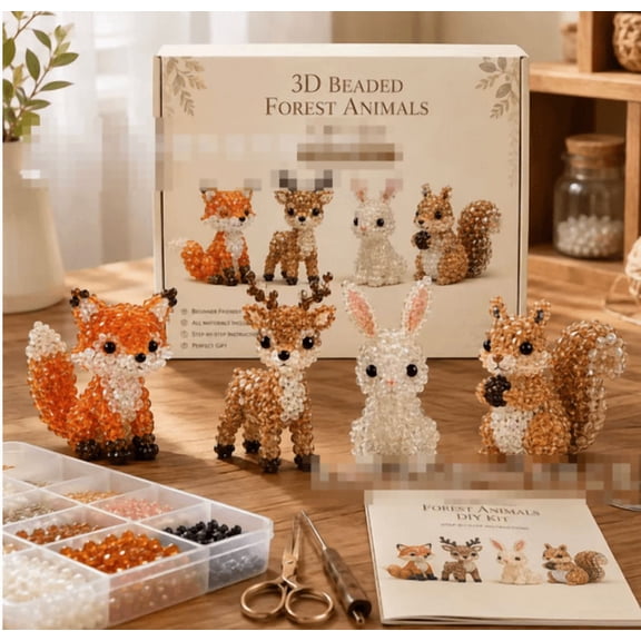 Beaded Forest Animals DIY Kit 4PCS, Includes Deer Fox Owl Bear Patterns with Full Tools and Instructions, Relaxing Craft Activity for Desk Ornament Birthday Gift