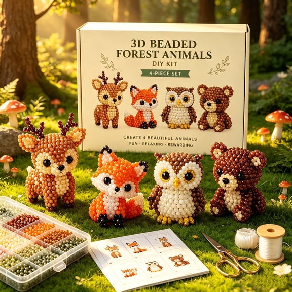 Beaded Forest Animals DIY Kit, Cute Deer Owl Bear Bead Art Crafts for Adults, Complete Handmade Kit with Color-Coded Beads, Tools, Instructions and Storage Box