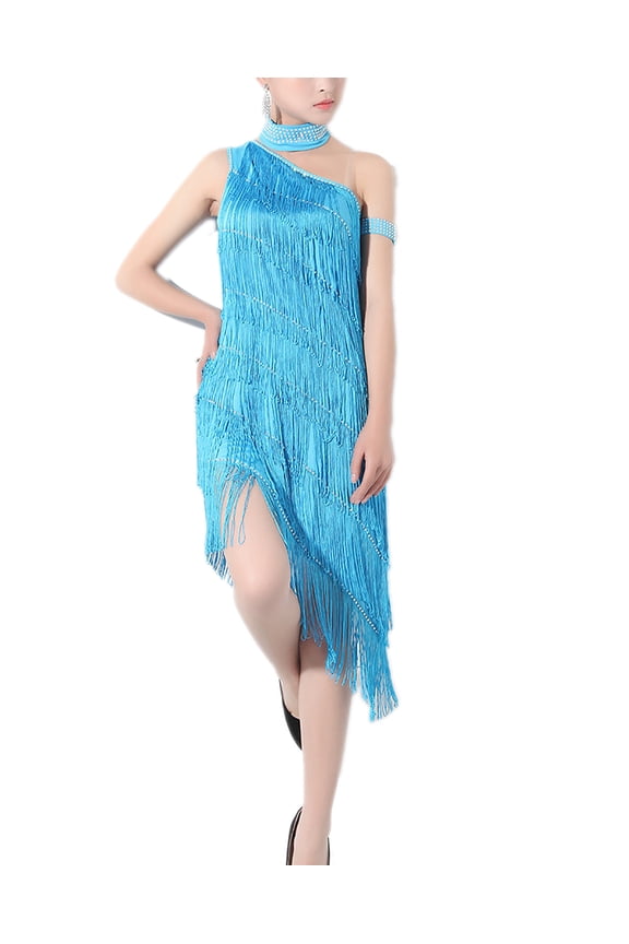 Beaded Fringe Latin Salsa Squar Line Dancing Dresses Uniforms Clothes Ocean Blue