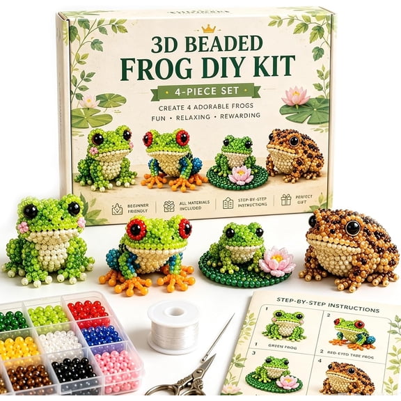Beaded Frog Kit Beginner-Friendly, DIY Beading Embroidery Kit with 4 Cute Designs Creatives Art Weaving Kit for Crafts, Complete Bead Making Set for Display Decor Collectible Gifts