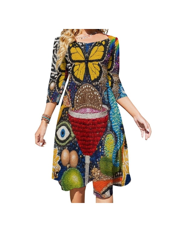 Beaded Fruit Cocktail Vibrant Art Womens Summer Dress Tie Back A Line Flare Dress
