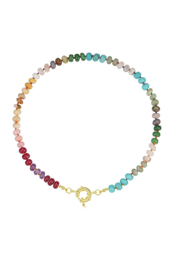 Beaded Gemstone Necklace For Women 11 Styles, Colorful Boho Bead Choker, Natural Stone Surfer Beach Necklace, 14K Gold Plated, Handmade Summer Jewelry