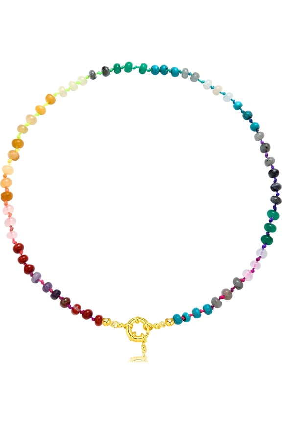 Beaded Gemstone Necklaces For Women Colorful Boho Choker Handmade Natural Stone 14K Gold Plated Clasp Rainbow Bead Beach Waterproof Cute Summer Jewelry Birthday Party Gift[Z529]