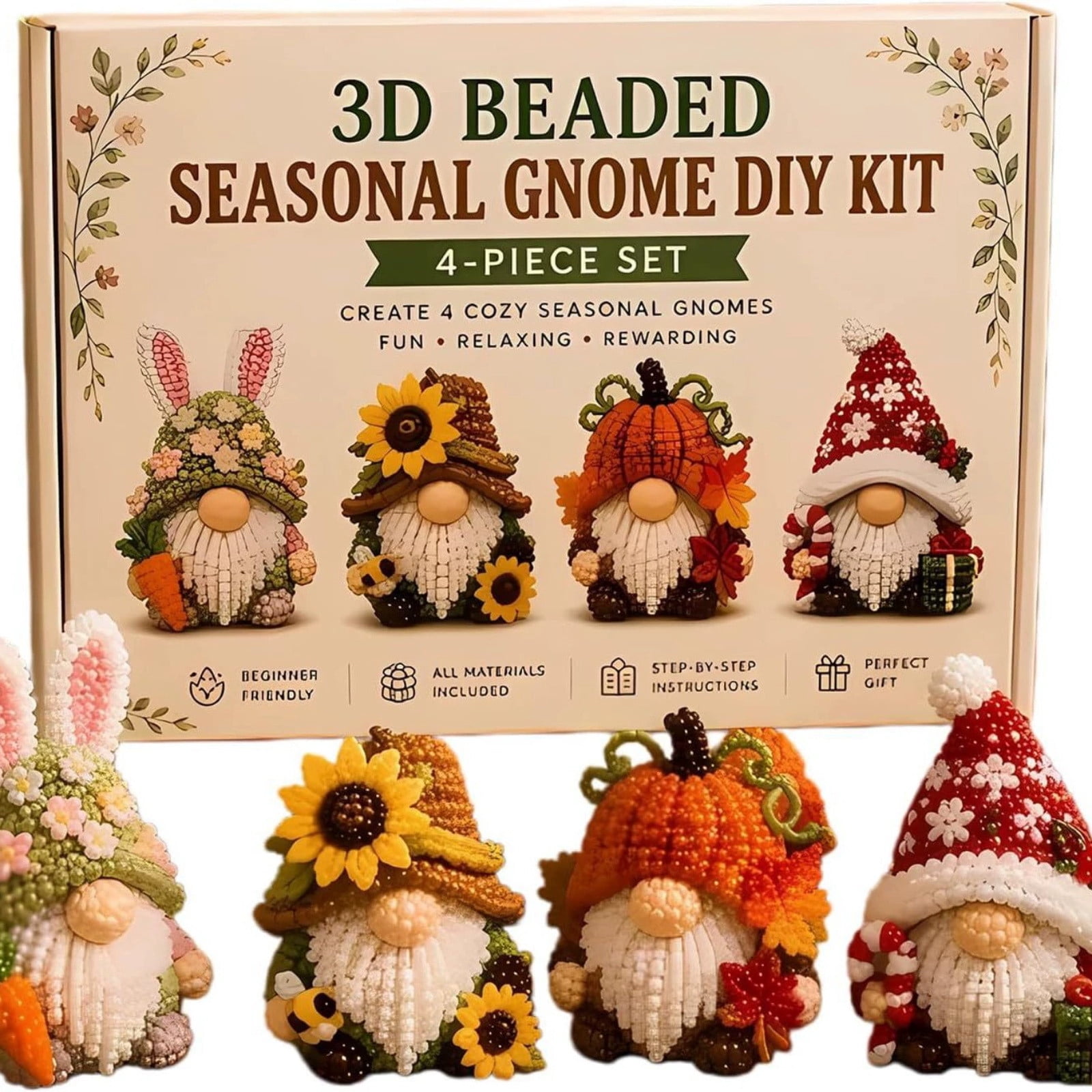 Beaded Gnome DIY Kit 4-Piece Holiday Gnome Bead Art Set, Wenini