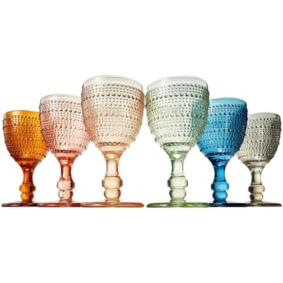 Beaded Goblet Wine Drinking Glasses Set | Set of 6 | Vintage Hobnail Bubble Design Red or White Glassware, Old-Fashioned, Art Deco Glass for Water, Wine, Cocktail Dishwasher Safe (14.8 OZ)
