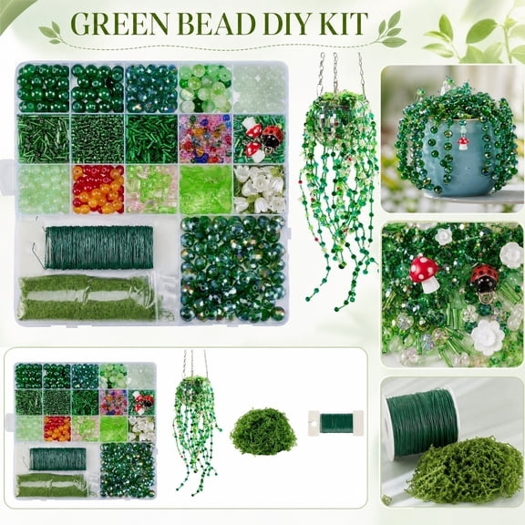 Beaded Hanging Greenery Creation Set, Glass Beads for Crafts, Diy Miniature Kit, Hanging Garden Decor, Fairy Garden Decor, 1Pc All-Inclusive Pack with Faceted Green Crystal Beads,
